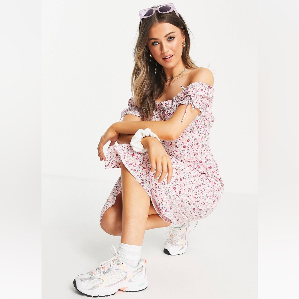 Influence cotton poplin Bardot floral midi dress